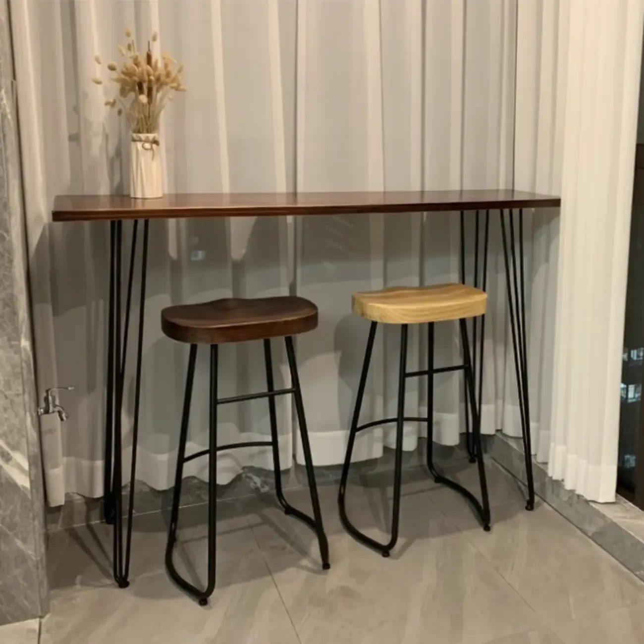 Modern Cocoa Four Legs Wooden Metal Bar Tables for Bistro