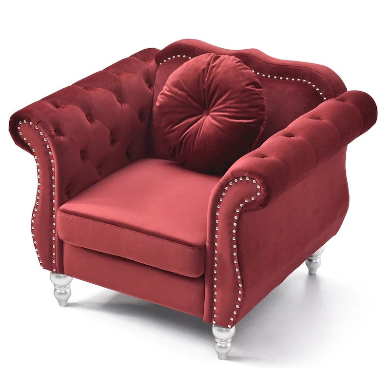 Solid Velvet Accent Chair with Tufted Round Pillow - 39  - Red
