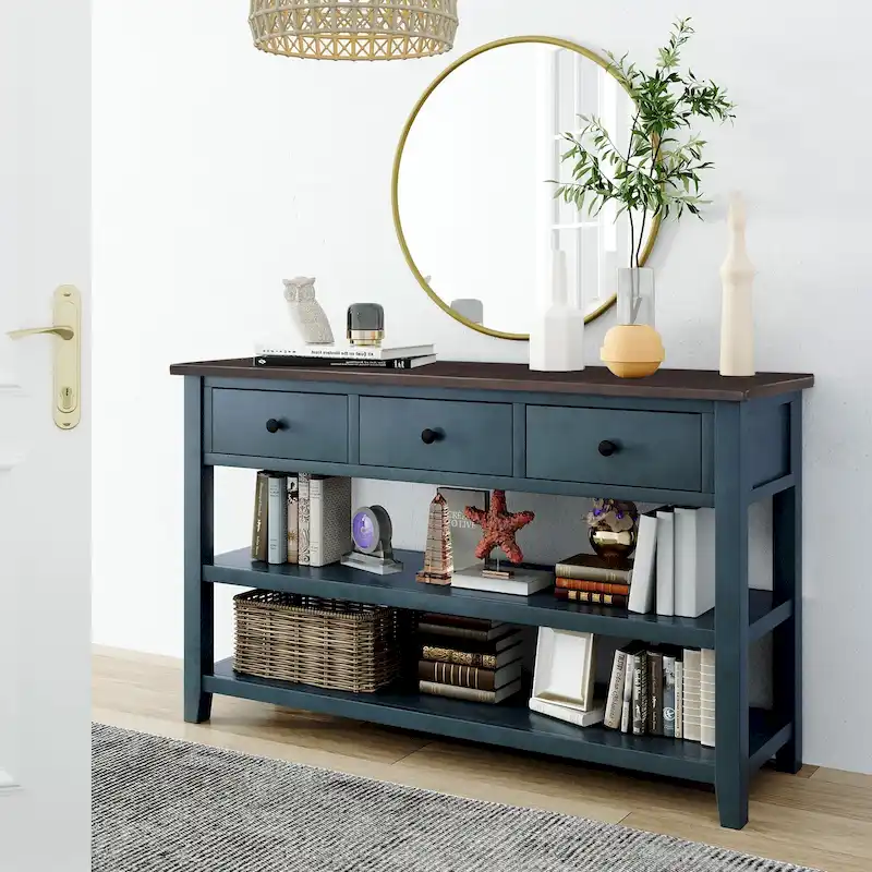 Navy / Antique White / Espresso Mid-Century Console Table, 3 Drawers, Single