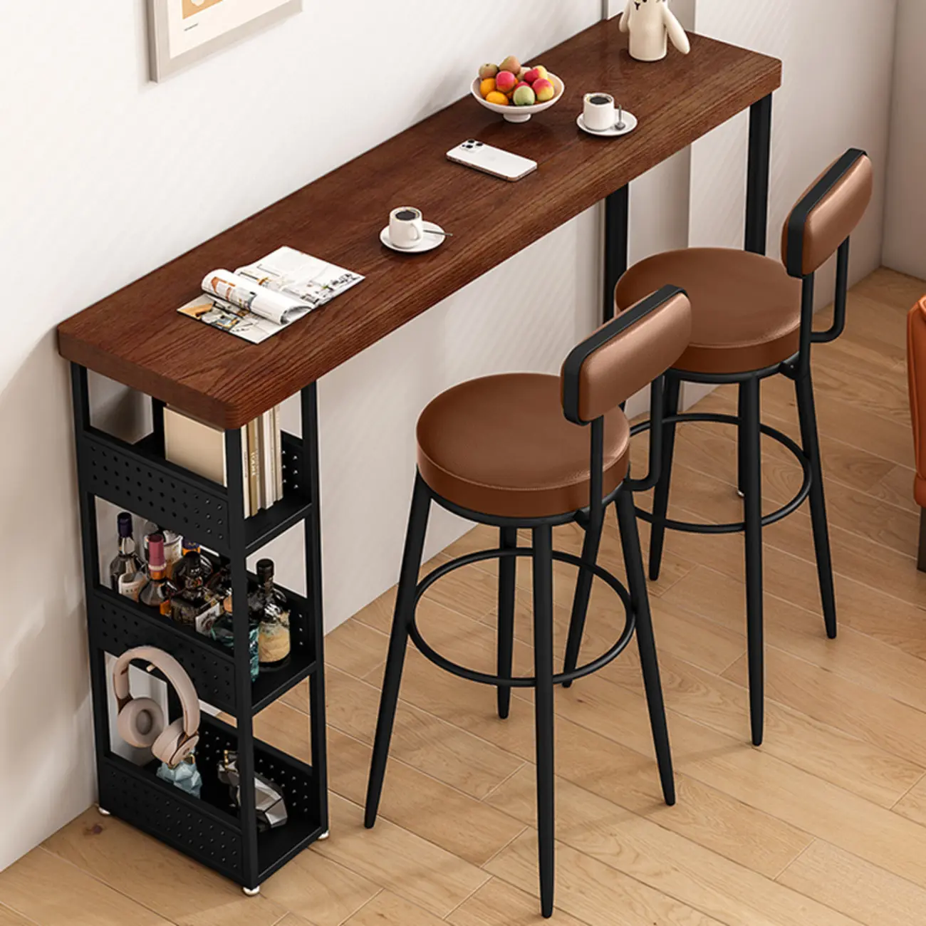 Rectangular Brown Wooden Metal Storage Bar Table