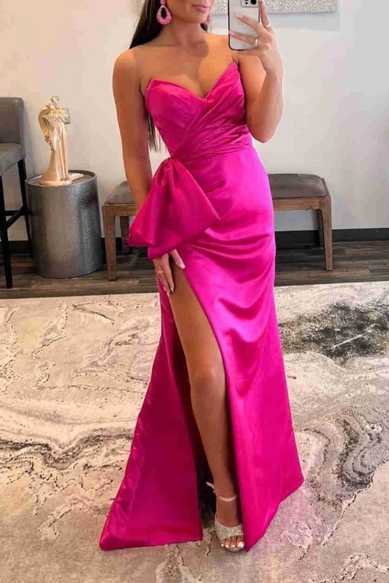Mermaid Red Strapless Long Satin Prom Dress with Bow Tie