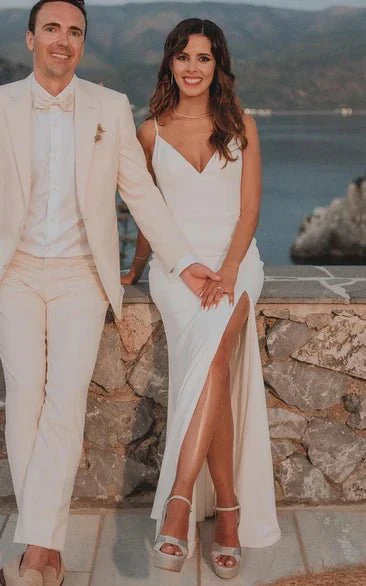 Simple Mermaid Satin Wedding Dress With Split Front And Deep-V Back