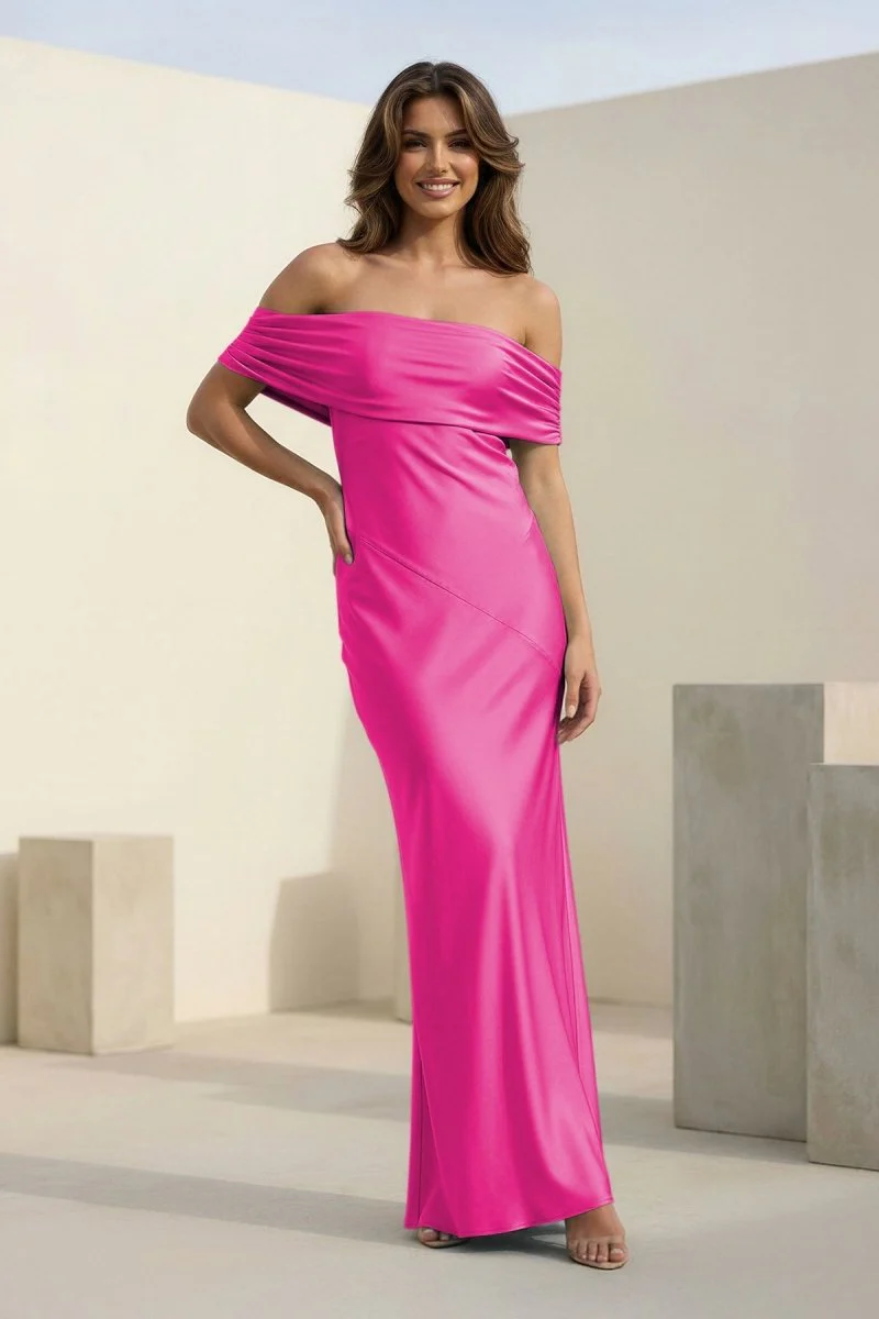 Aqua Sheath Off The Shoulder Satin Long Prom Dresses