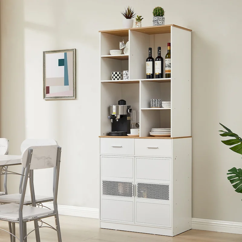 White 2-Door Kitchen Pantry Cabinet with Drawers and Open Shelves
