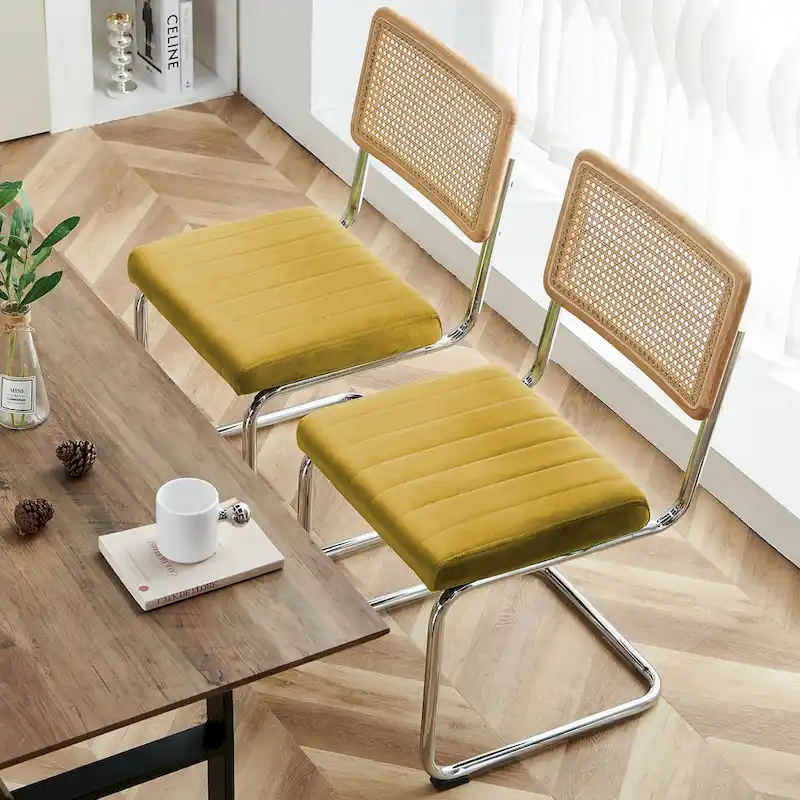 Velvet Upholstered Rattan Dining Chairs Set of 2/4