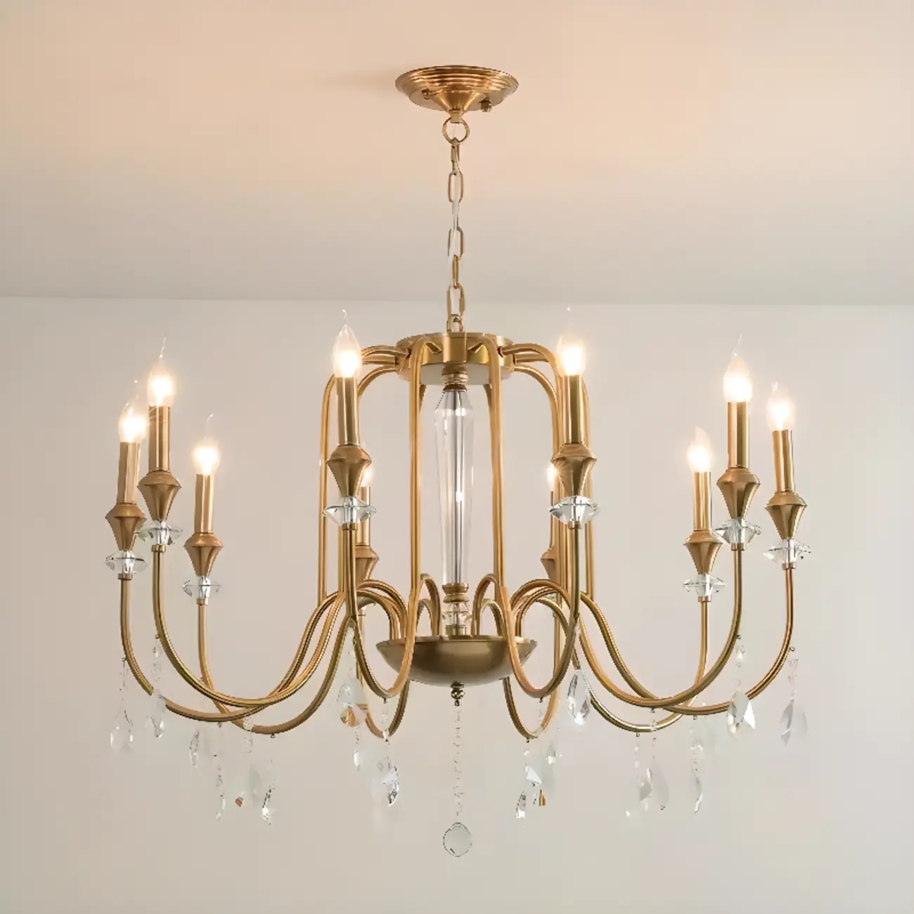 Mid-Century Modern Metallic Alloy Candle Chandelier with Crystal