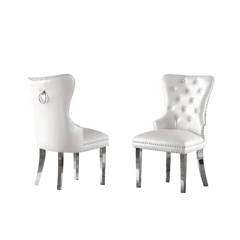 Wingback Button-Tufted Dining Chairs with Nailhead Trim & Steel Frame – Black / Grey / Cream / Navy Blue / White Faux Leather