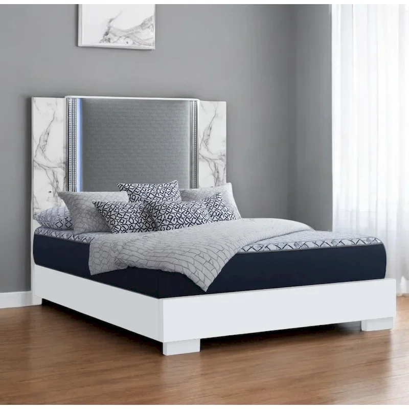 King Bed Frame with LED Headboard Lighting, Gray Faux Leather & Chrome Accents