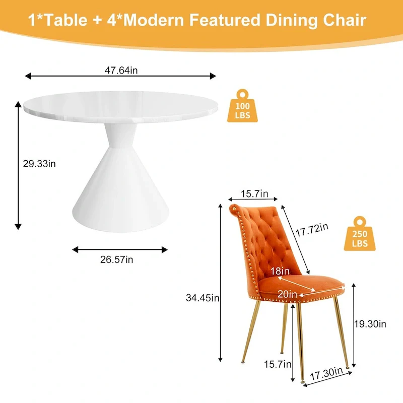 48  Light Luxury White High Gloss Large Countertop Dining Table with Velvet Dining Chair Set