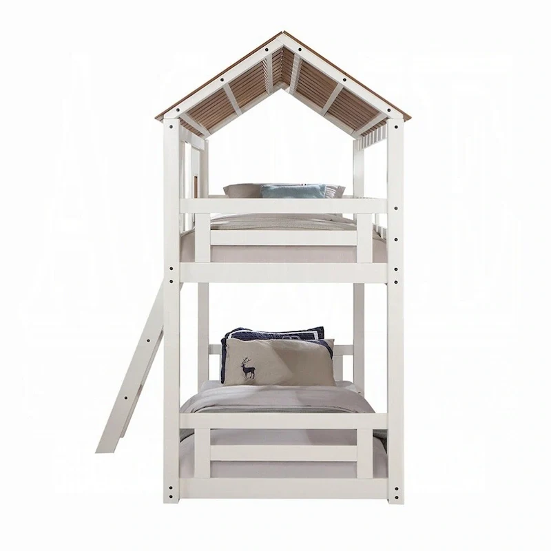 Wooden Twin Over Twin Bunk Bed in White and Rustic Oak