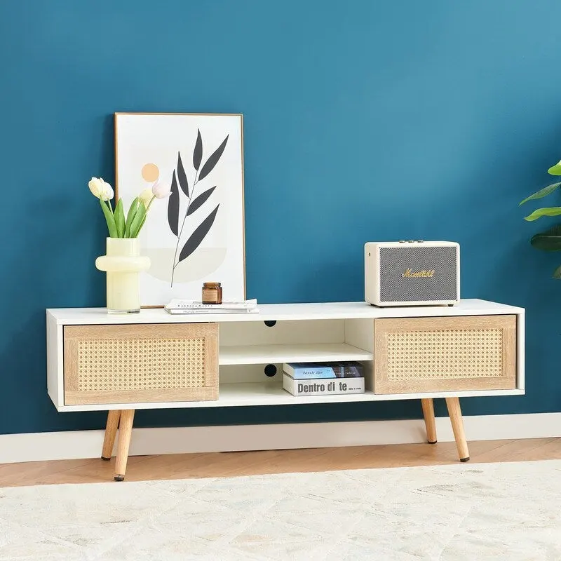Rattan TV Stand with Sliding Doors