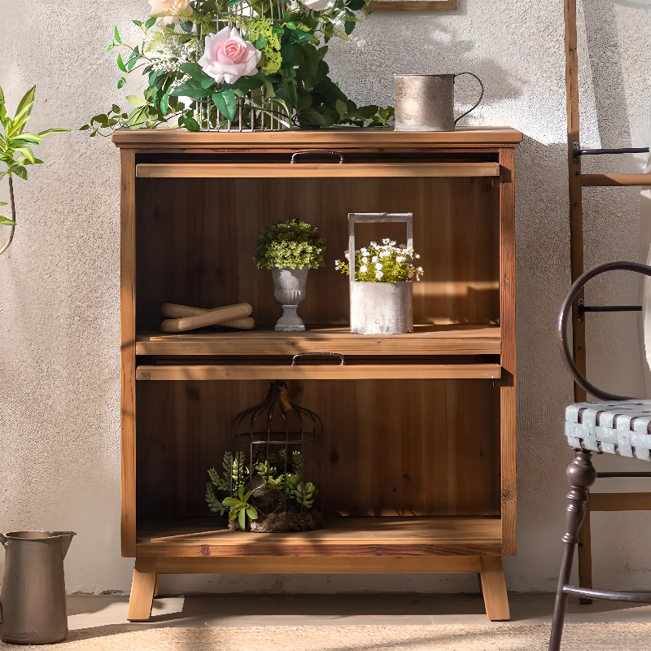 Traditional Multi-Shelves Brown Wooden Flip-Up China Cabinet