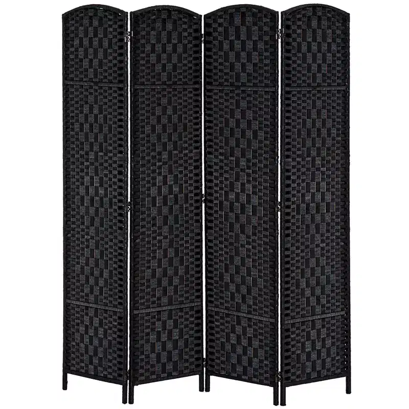 MAYEERTY 4 Panel Room Divider Privacy Screen 6'Tall Wicker Weave Black