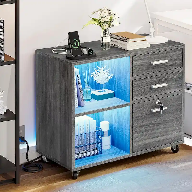 Moasis 3 Drawers Mobile LED Light Filing Cabinet with Charging Station Fit for A4/Letter Size