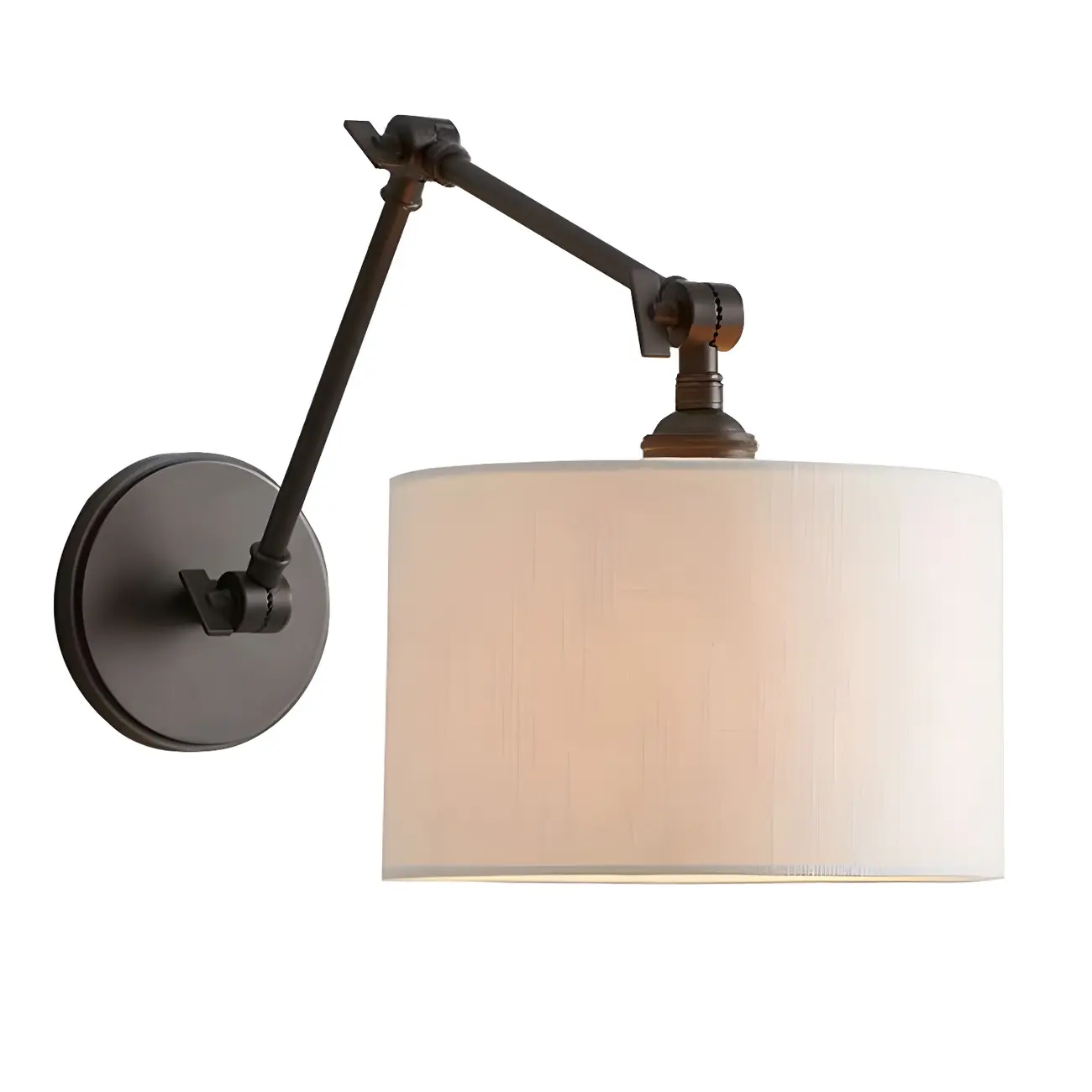 Black 1-Light Metal Swing Arm Wall Light with White Fabric Shade