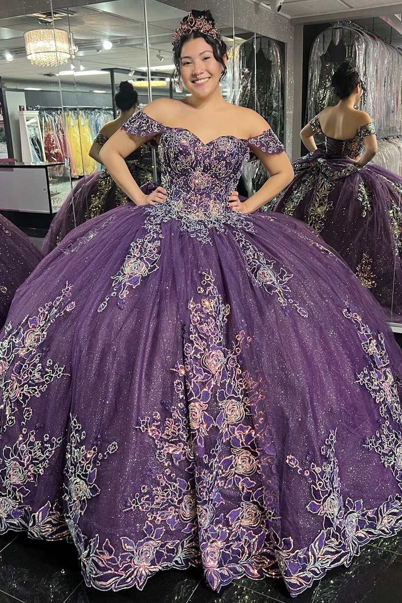 Quinceanera Dress Glamorous Purple Floral Lace Off-the-Shoulder