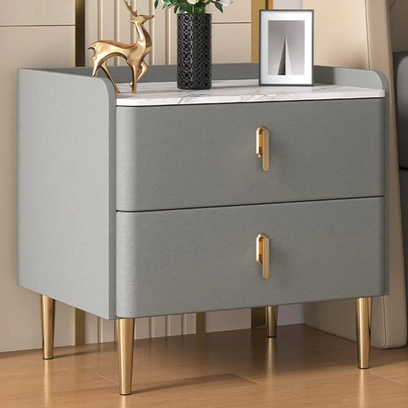 Modern Stone Top Leather Drawers Nightstand with Golden Legs