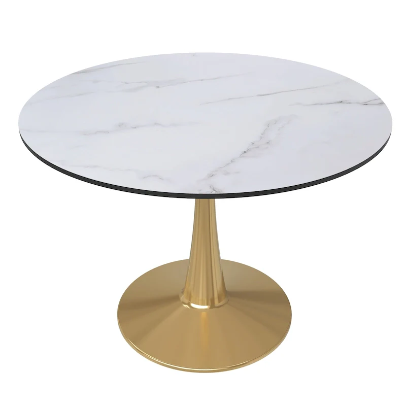 Marbled White / Black / White Round Dining Table for 4, MDF Top & Steel Pedestal Base