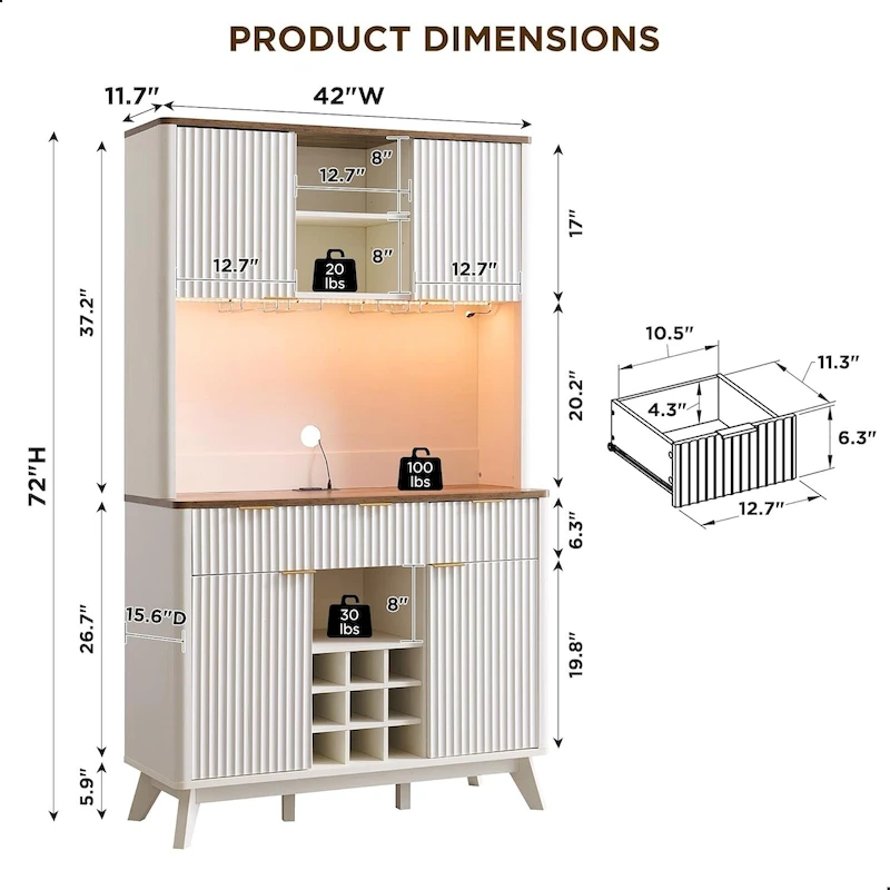 72 Wine Bar Cabinet, Modern Wood Coffee Bar Cabinet with LED Lights - N/A