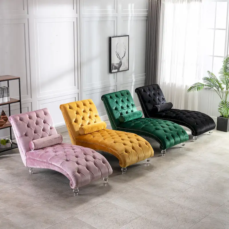 Button-Tufted Upholstered Velvet Recliner Chaise with Pillow and Acrylic Feet