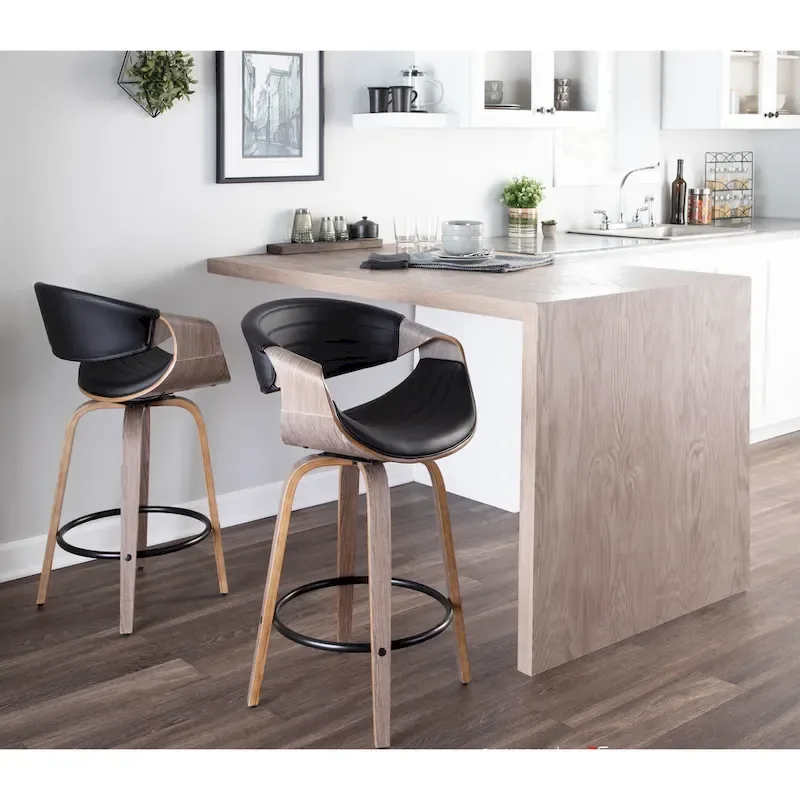 Faux Leather Counter Stool with Bent Wood Legs & Round Footrest (Set of 2)