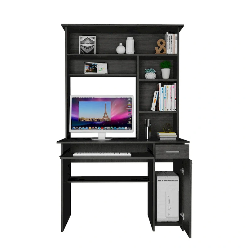 Compu 180 Hutch Desk with 5 Shelves, Retractable Keyboard Tray, CPU Panel, and Drawer