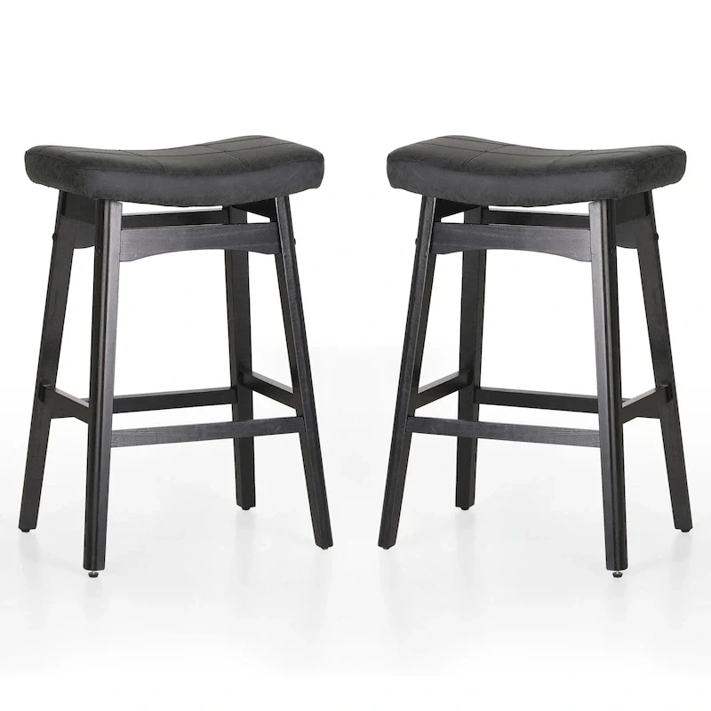 24 Inch Solid Wood Barstools with Linen / PU Leather Fabric Cushion, Set of 2