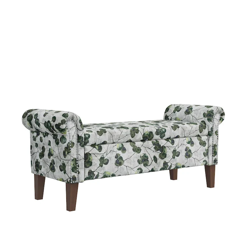 Traditional Rolled Arm Storage Bench Ottoman with Nailheads