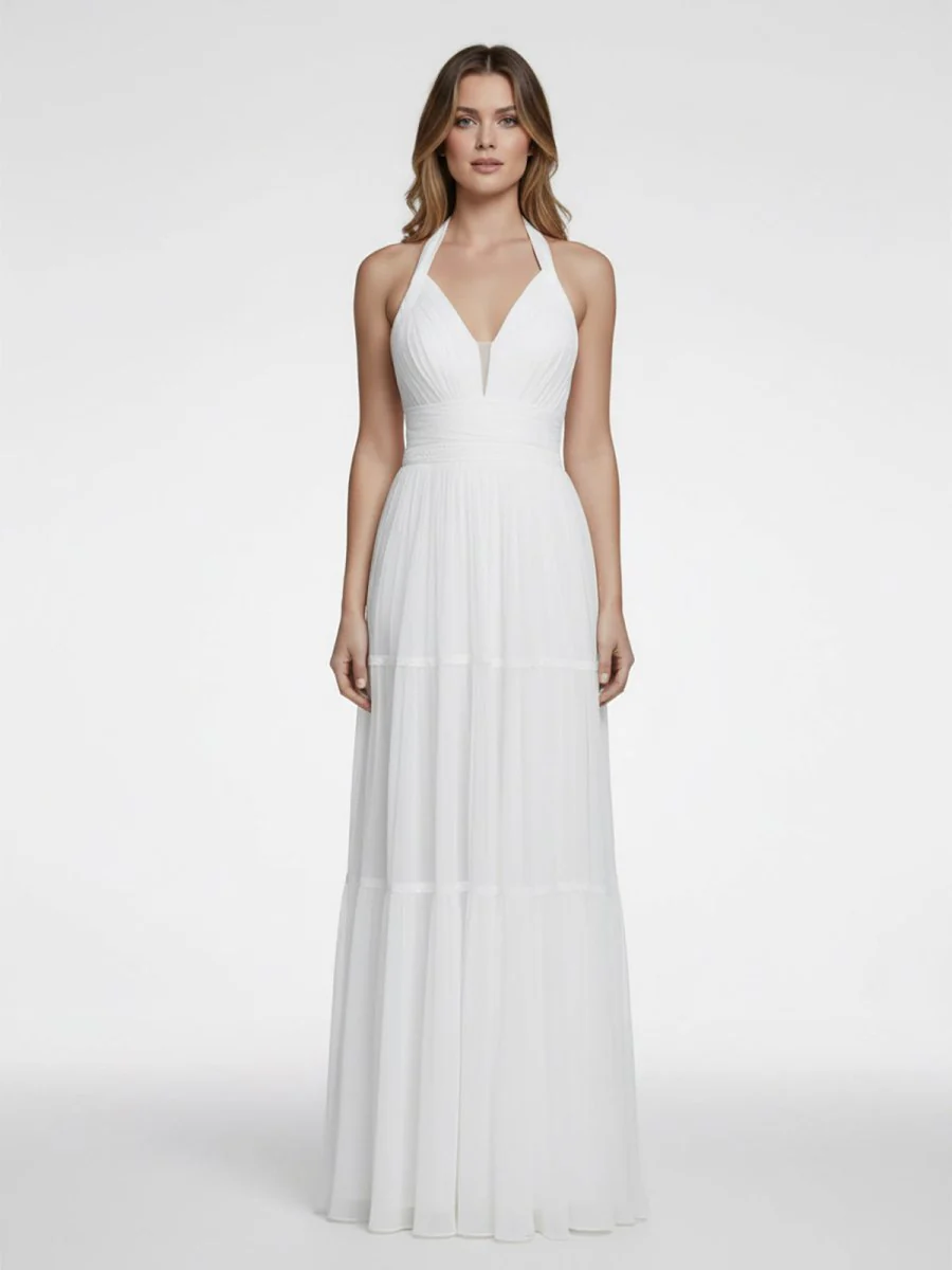 Bohemian Halter A Line Tulle Brush Train Wedding Dress with Ruching