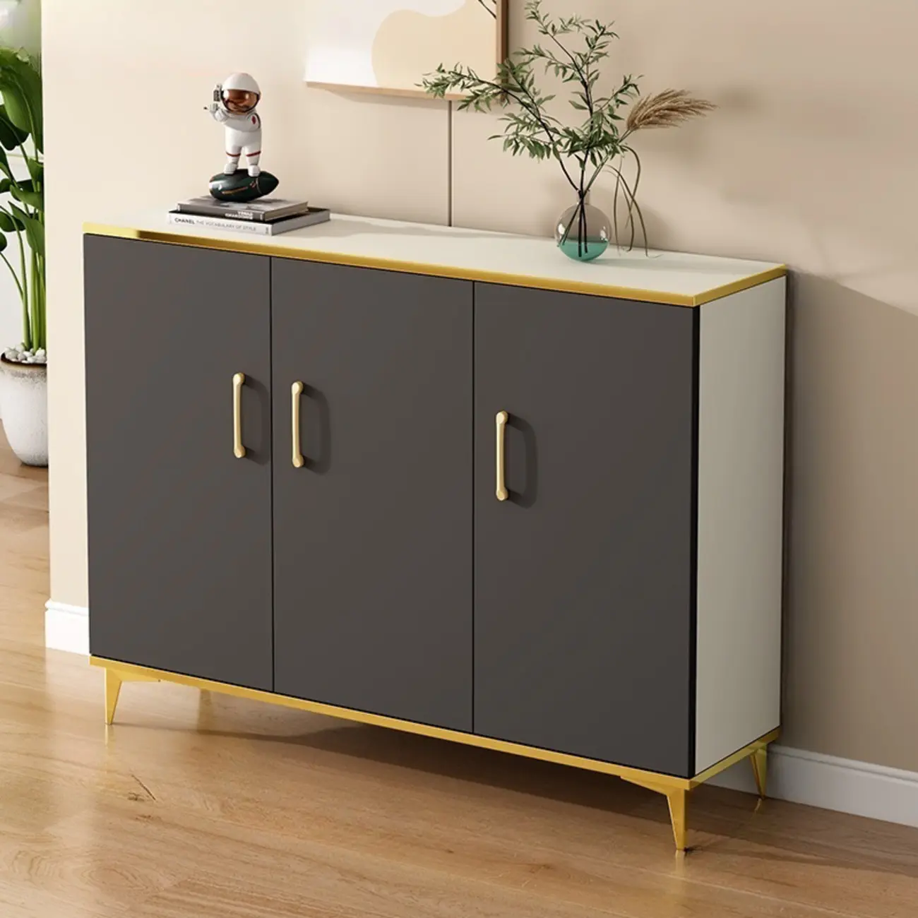 Trendy Grey Wood Hallway Shoe Cabinet with Gold Legs