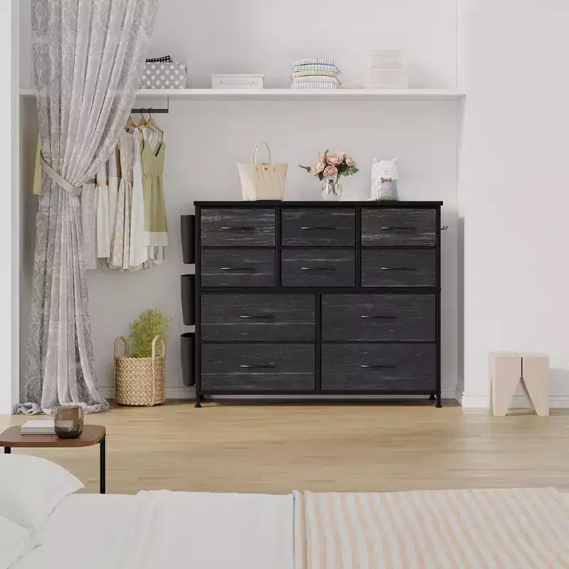 GustoWave Dresser for Bedroom, 10 Drawers Fabric Storage Drawer, Dressers & Chest of Drawers with Side Pockets, Hooks, Wood Tabletop
