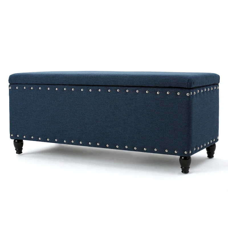 Navy Blue & Brown Storage Ottoman Bench with Nailhead Trim, 1-Seat, 42