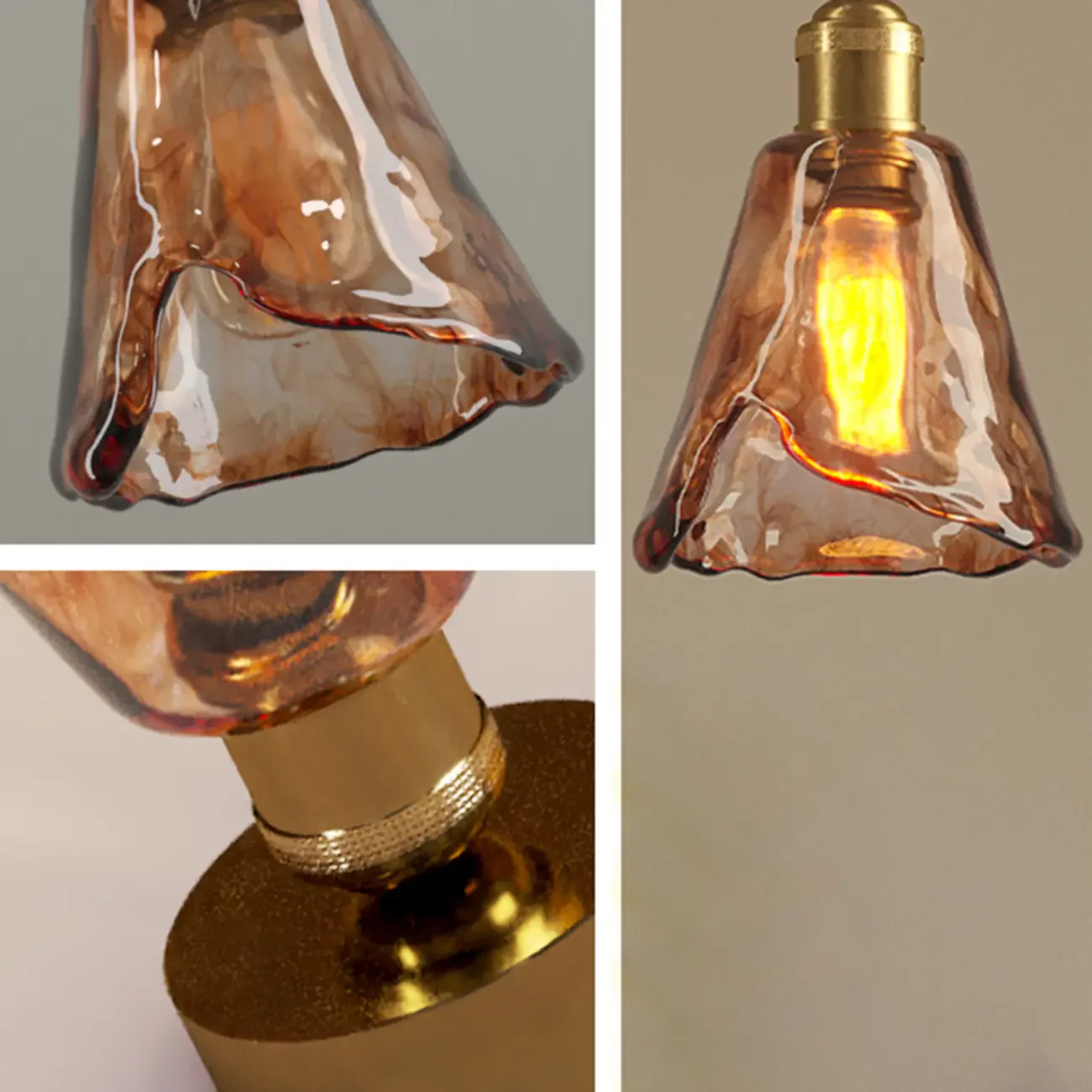 Modern Brass Amber Glass Cone Semi Flush Ceiling Light