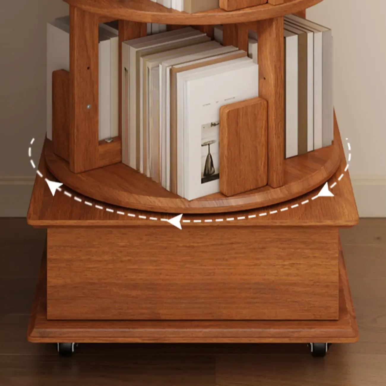 Swivel Rubberwood Vertical Open Back Bookcase with Drawer