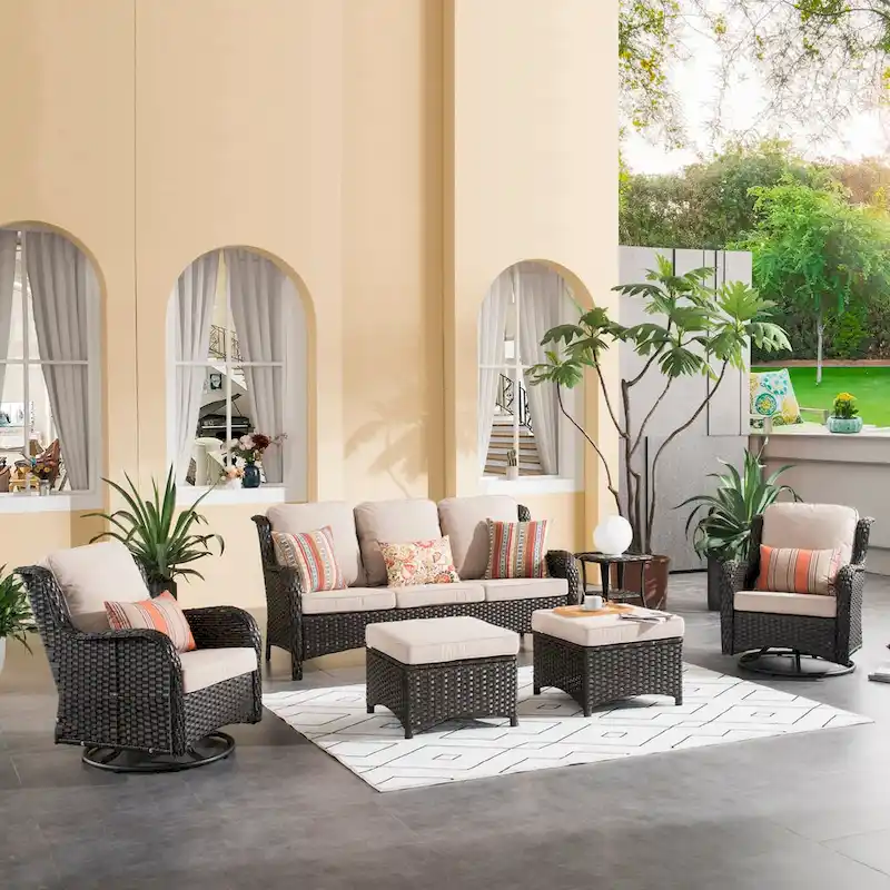 OVIOS 6-piece Patio Wicker Conversation Set with Swivel Chairs