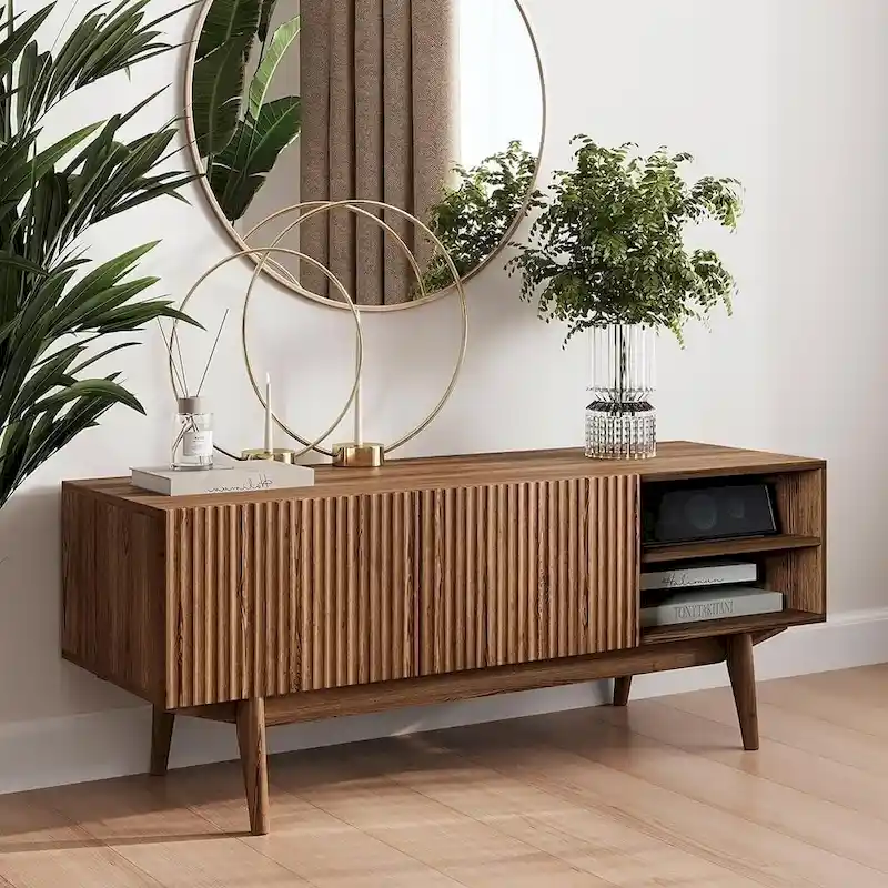 Living Skog Kelly TV Stand Console Fits TV's up to 65 in. with Wood Legs in Mid Century Modern Scandinavian Design