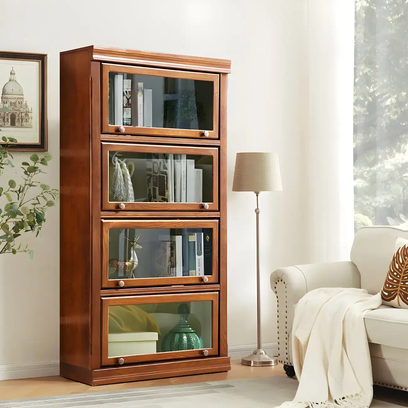Modern Wood Brown Barrister Bookcase with Glass Doors