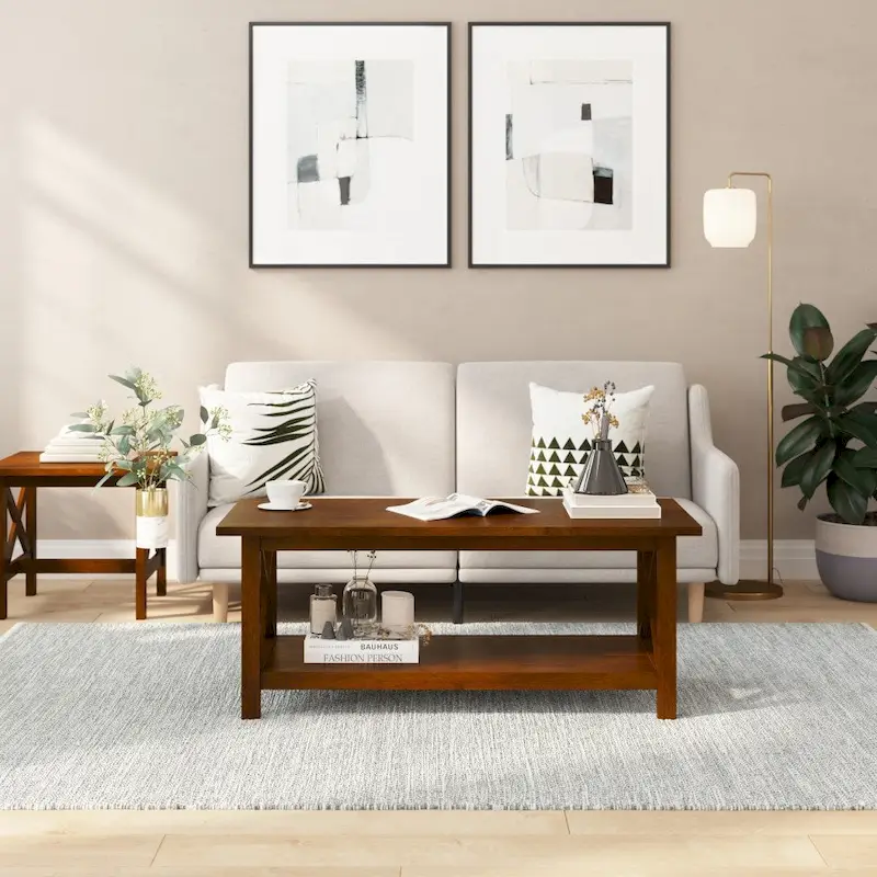 Farmhouse X-Frame Coffee Table with Shelf, Acacia Gray/Dark Gray/Walnut, Solid Wood