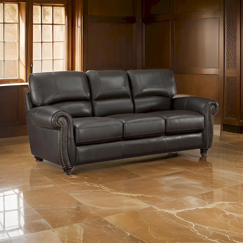 Brown Espresso Top-Grain Leather 84 in Sofa with Nailhead Trim and Rolled Arms – 3 Person