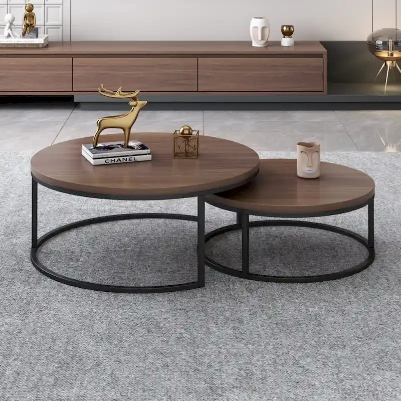 Modern Wood Gray & Black Round Coffee Table for Living Room