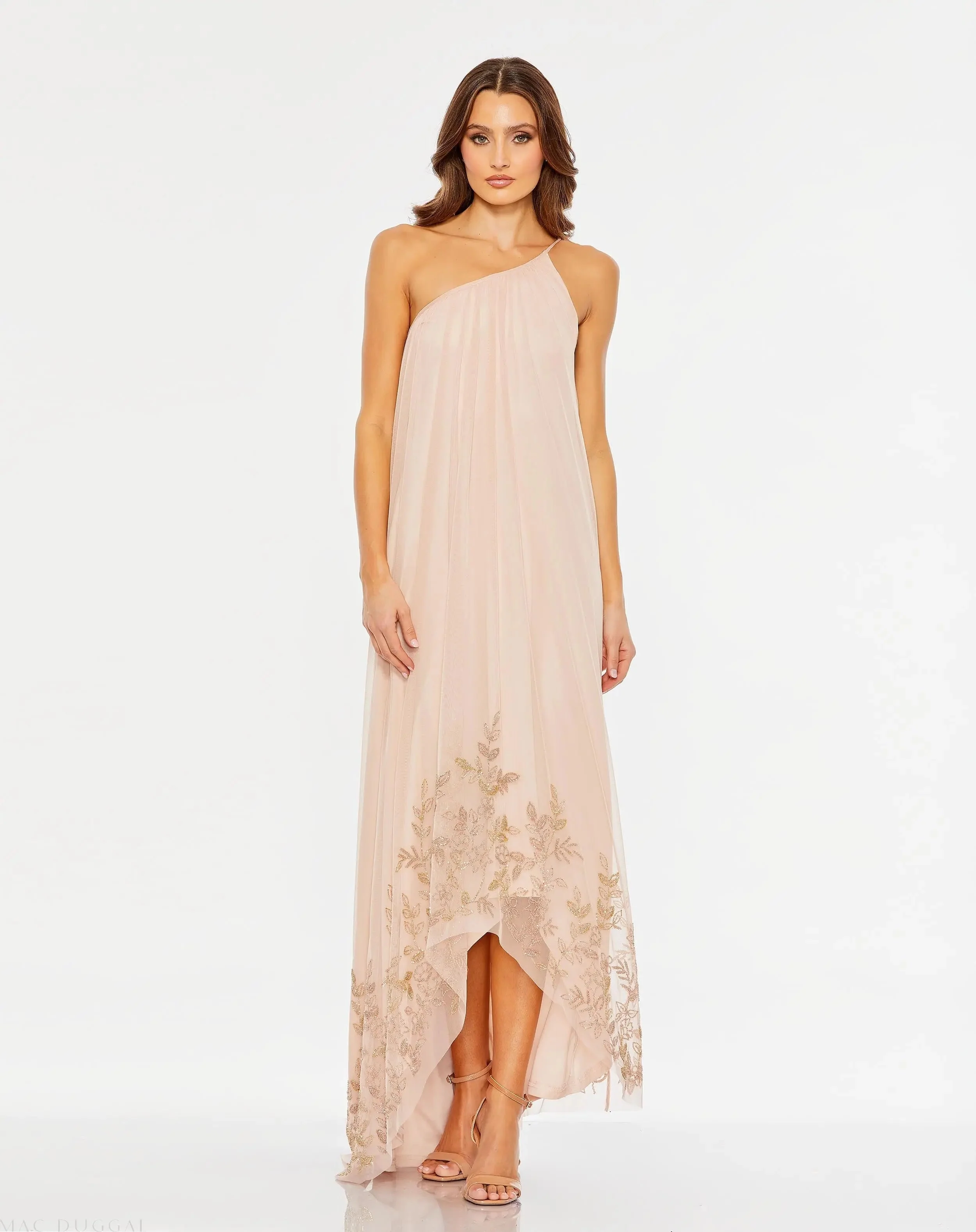 Pink Flowy One Shoulder Beaded Trapeze Gown