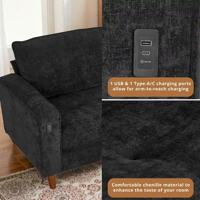 82.6 Inch Modern Living Room Chenille Recliner Sofa, loveseat Sofa,Removable Sofa Cover with USB, Easy to Instal