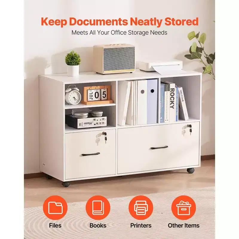 2-Drawer Wooden File Cabinet with Wheels Lockable Lateral Filing with Open Shelves Printer Stand White