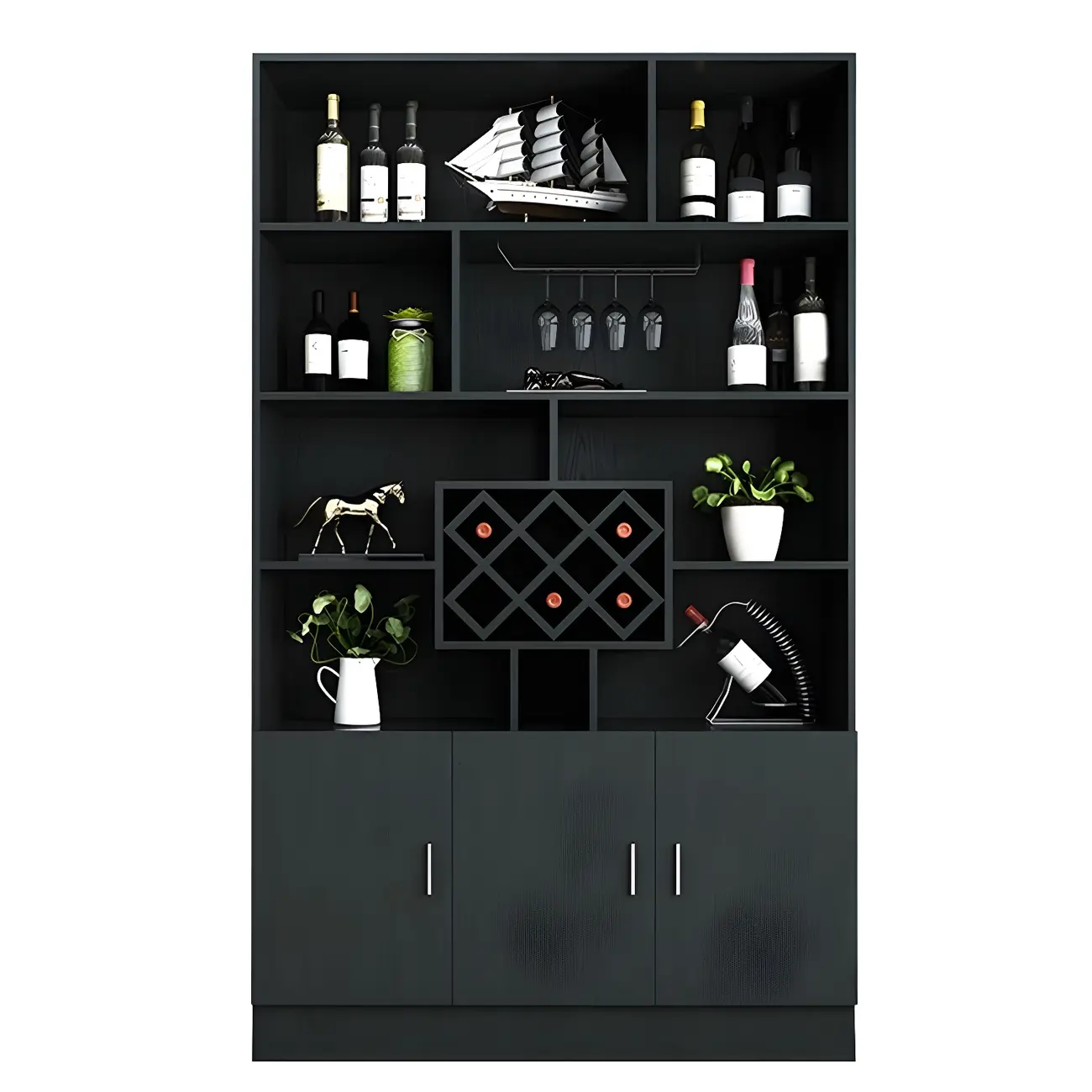 Black Modern Large Wooden Open Stackable Wine Cabinet