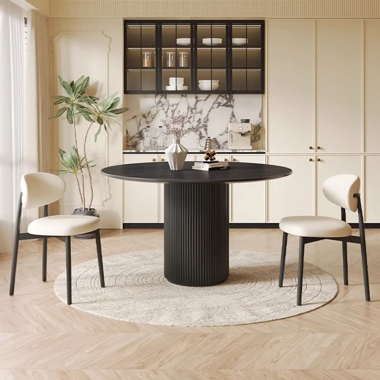 Modern Black Round Wood Cylindrical Base Dining Table