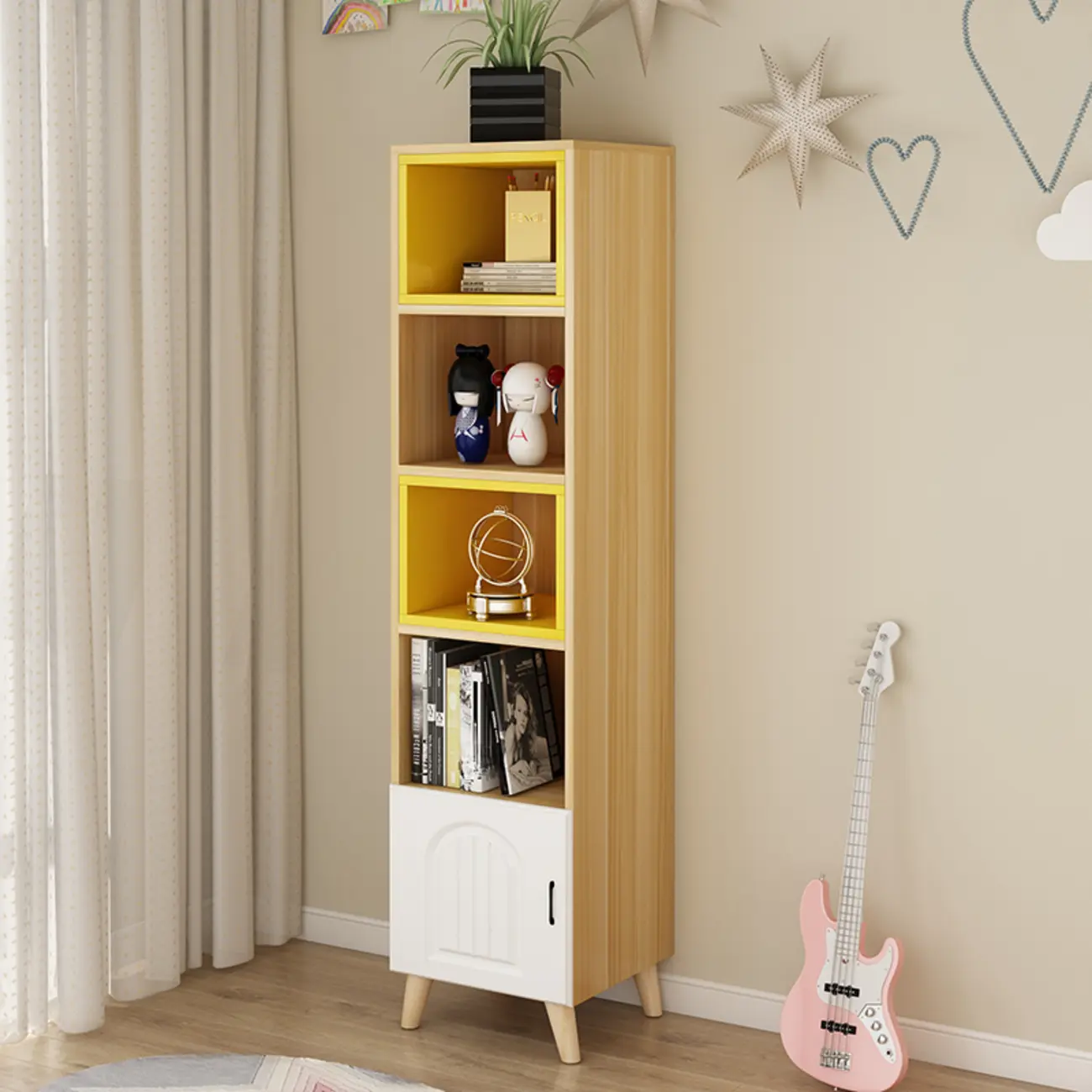 Wood 3-Tier White and Yellow Cube Bookcase with Cabinet