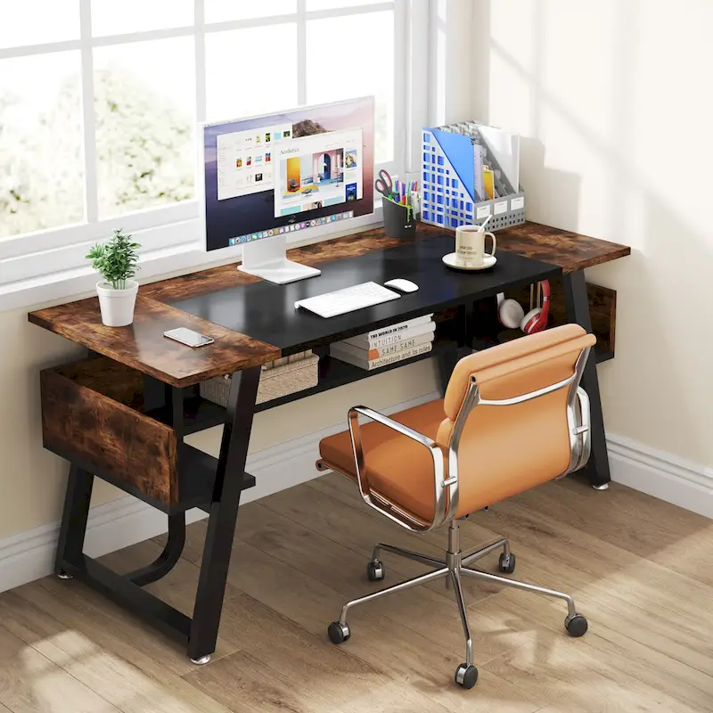 63 Inches Computer Desk with Bottom Shelves, Large Executive Desk