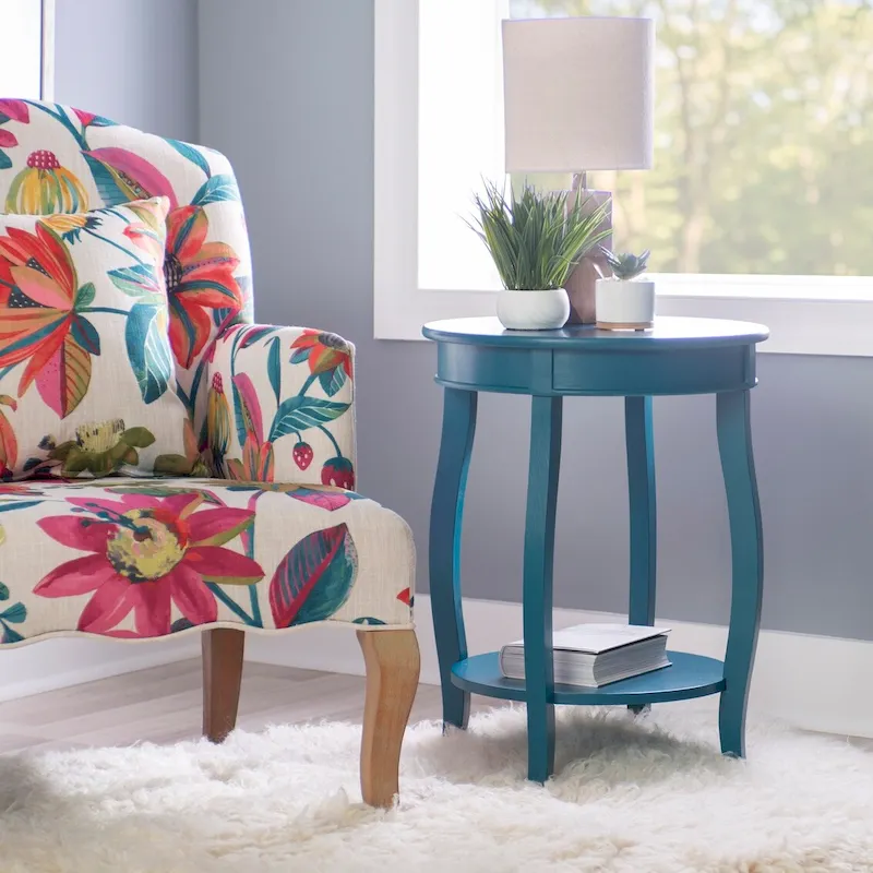 White Round Side Table with Lower Shelf & Cabriole Legs, 1-Person