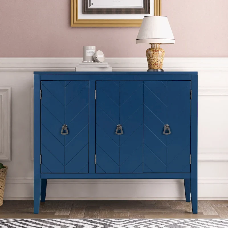 Brown / Navy Blue / Grey 3-Door Adjustable Shelf Sideboard with Metal Handles
