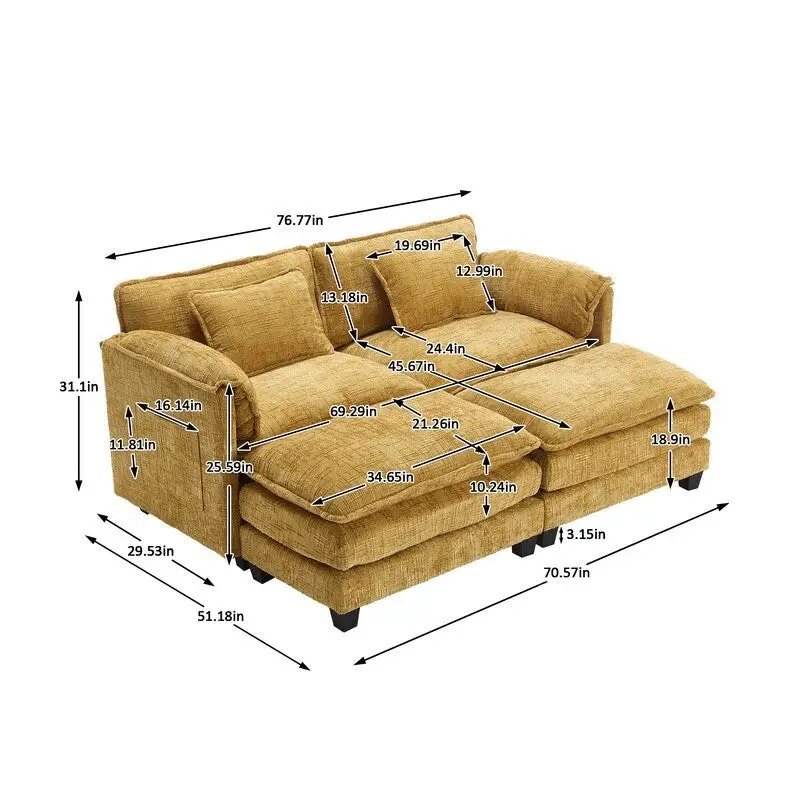 76.77 Chenille Upholstered Sofa with 2 Ottomans